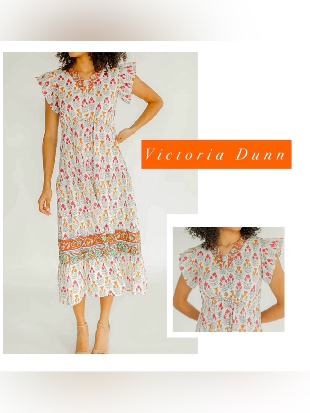 Victoria Dunn Rosa Cotton Vneck Floral Flutter Sleeve Midi Dress Morning Glory L